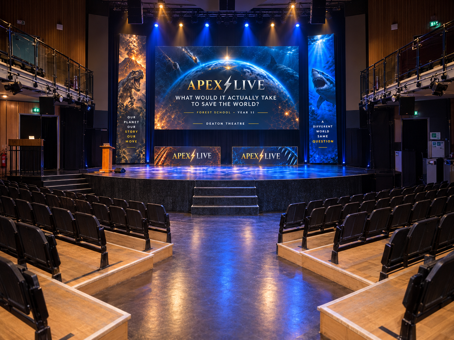 APEX LIVE stage concept at Deaton Theatre, with blue lighting and Earth and wildlife imagery across the stage